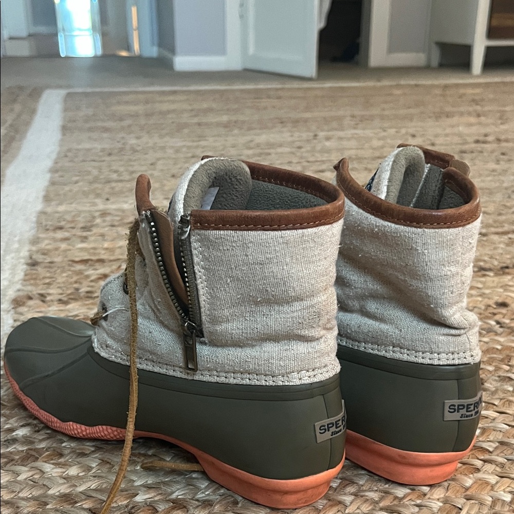 Sperry Olive and Coral Duck Boots